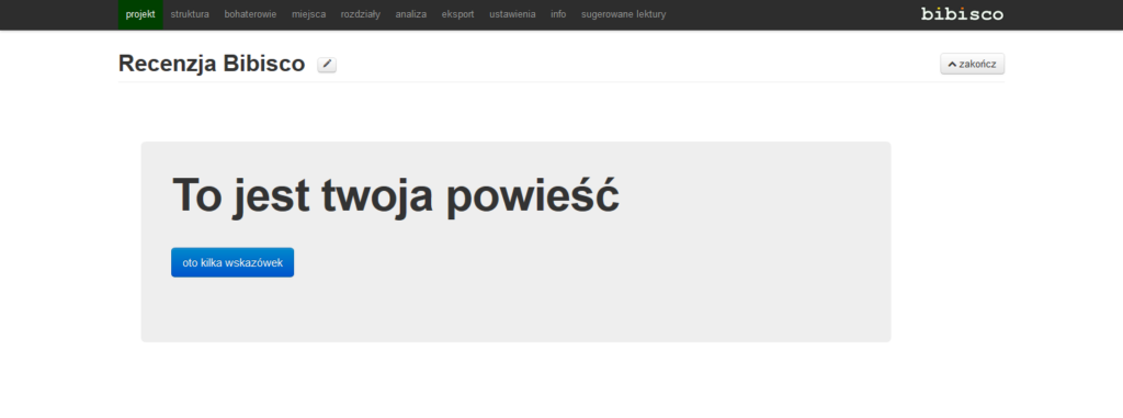 Recenzja Bibisco - ekran startowy