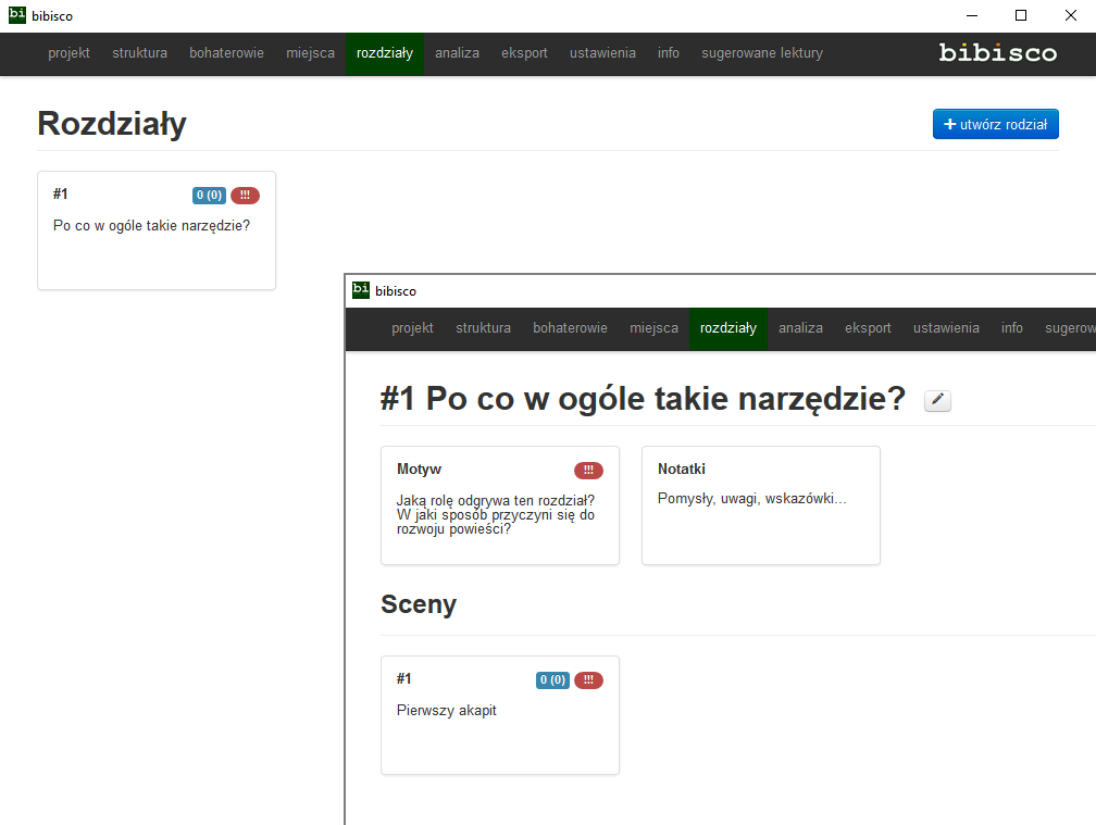 Recenzja Bibisco - rozdziały i sceny